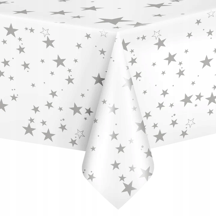 Duży obrus biały w srebrne gwiazdki na urodziny