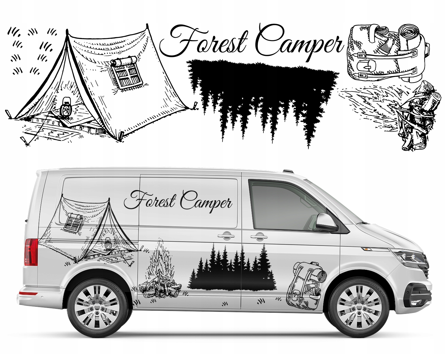 NAKLEJKA MOTYW SAMOCHÓD CAMPER NAMIOT LAS 94X317cm
