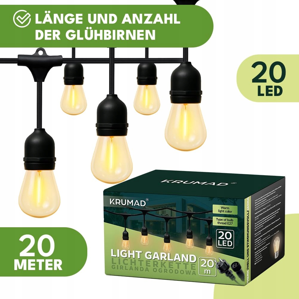 KRUMAD Lampa LED Zewnętrzna 20m E27 Ciepła Biała IP44 Ogród Balkon Taras — miniatura 4
