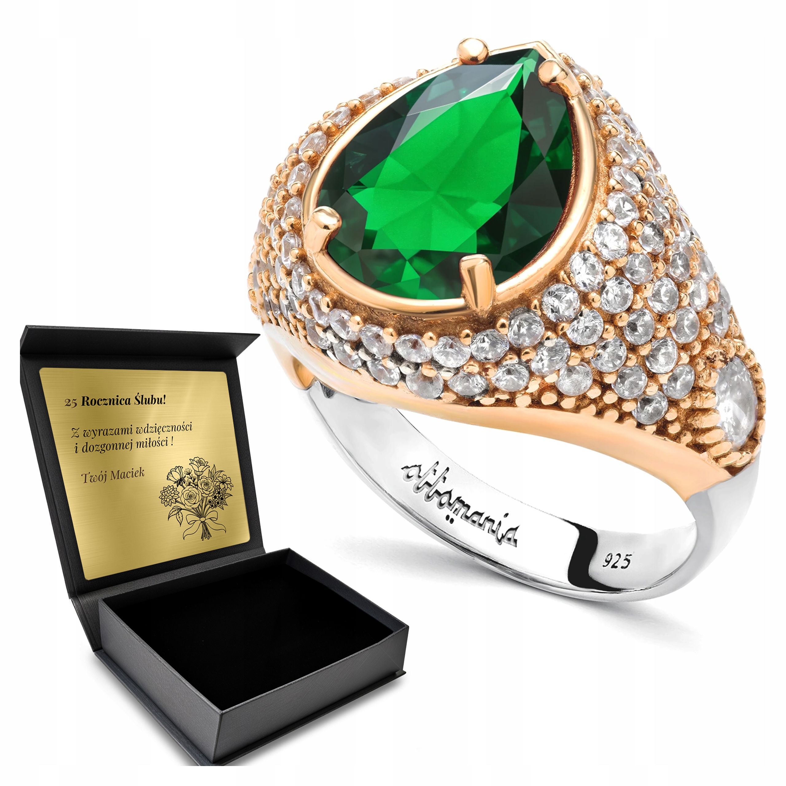 Prstýnek 925 Zirkony A Smaragd Dárek k Valentýnu Gravírování