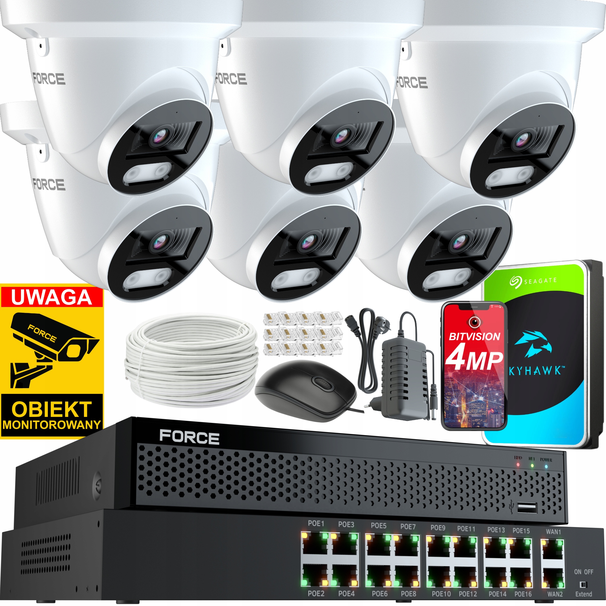 Force Monitorovací sada 6x Ip kamera 4MPx 2K, Disk 1TB Switch Poe 16CH