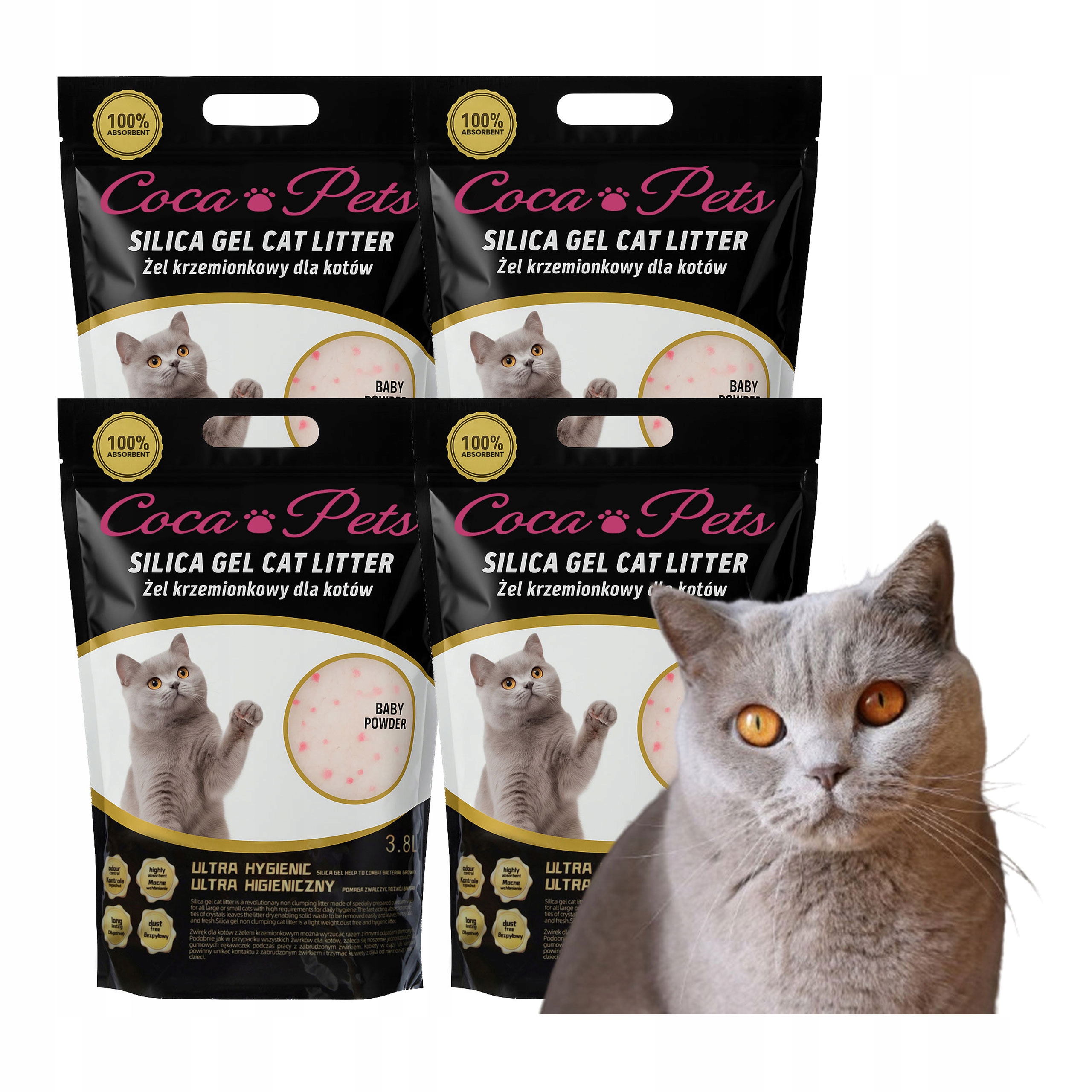 Levně Silikonové Stelivo steliva Pro Kočky jemná, bezprašná, sada 4 kusů, 6 kg, 15,2 l