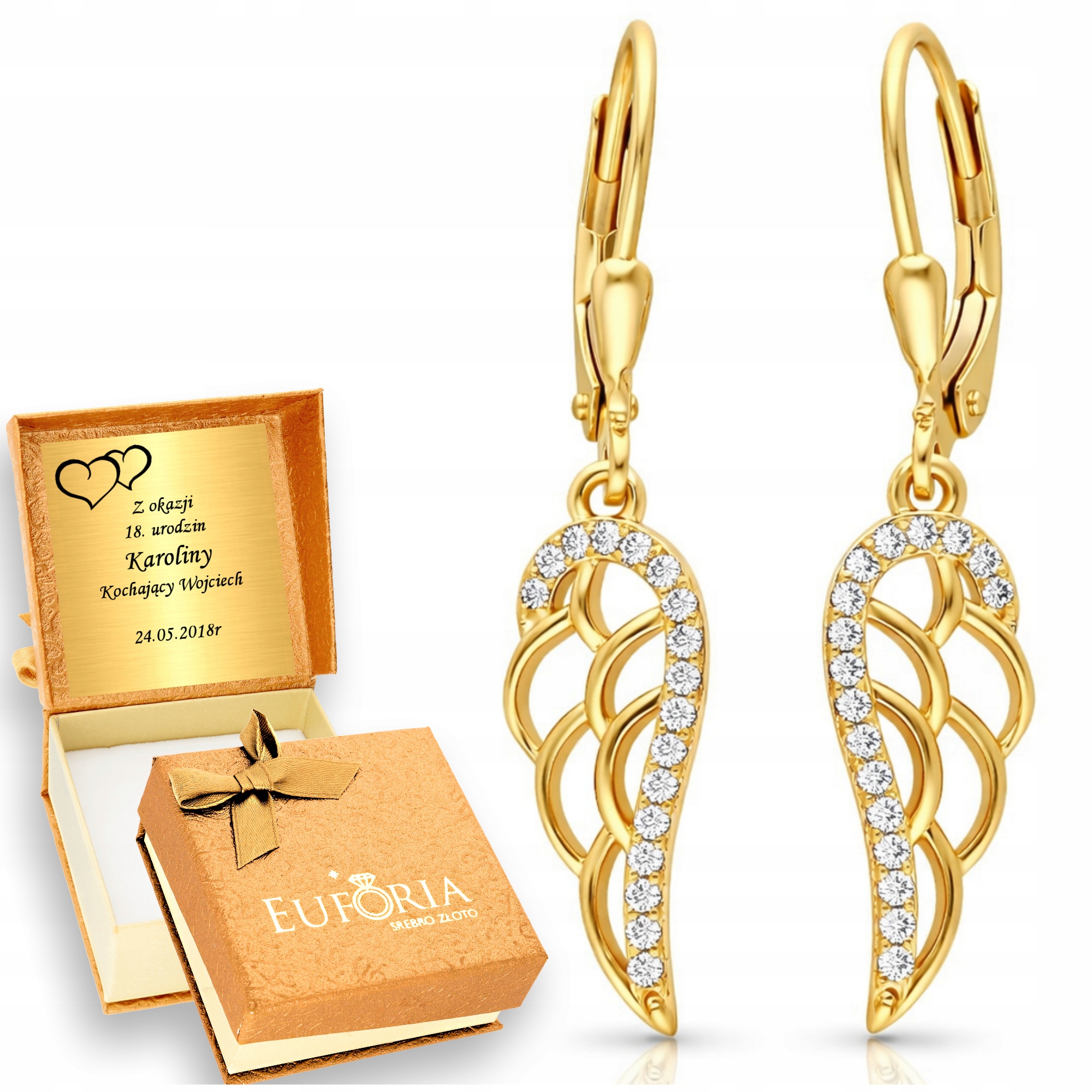 Złote Kolczyki 925 Wiszące Skrzydła Anioła z Cyrkoniami