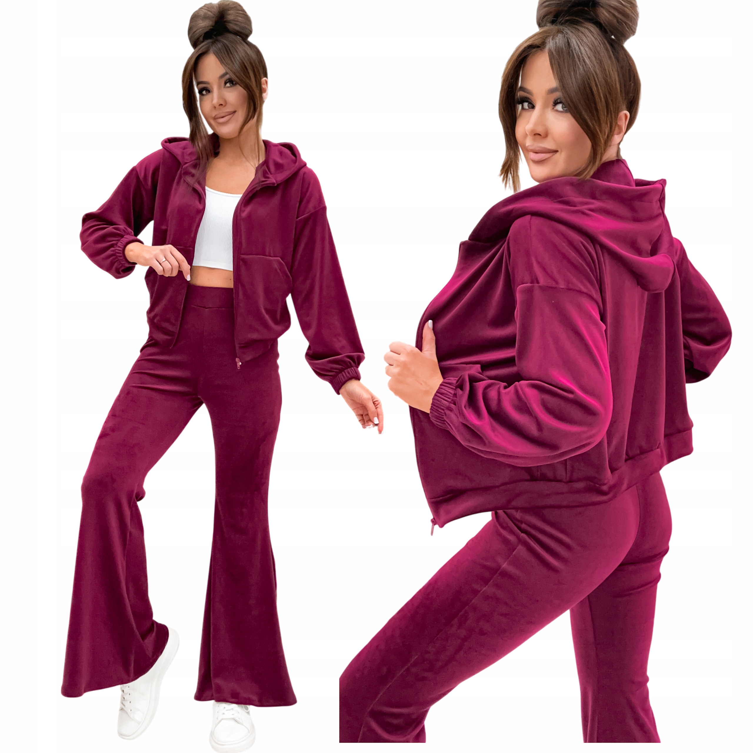 Komplet Dres Welurowy Bluza Kaptur Rozpinana Szeroka Nogawka L/XL Bordowy