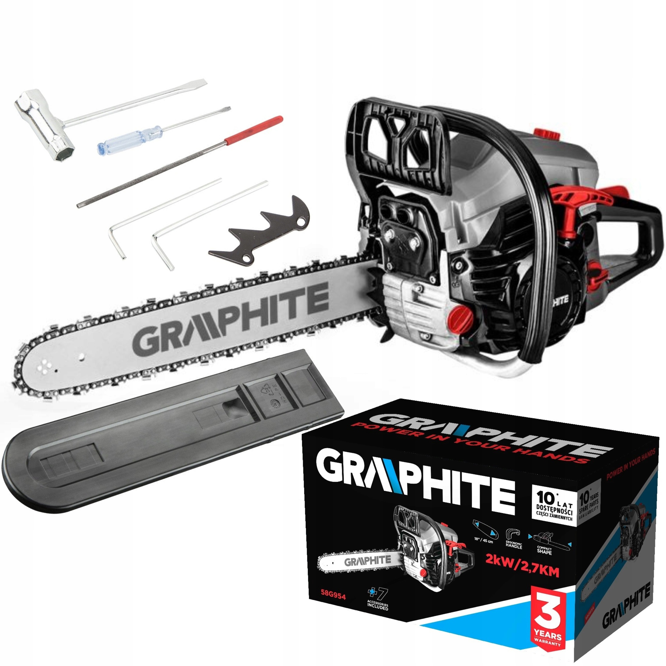 Graphite Benzínová Řetězová Pila 2KW 2.7KM Vodící Lišta 18" 58G954