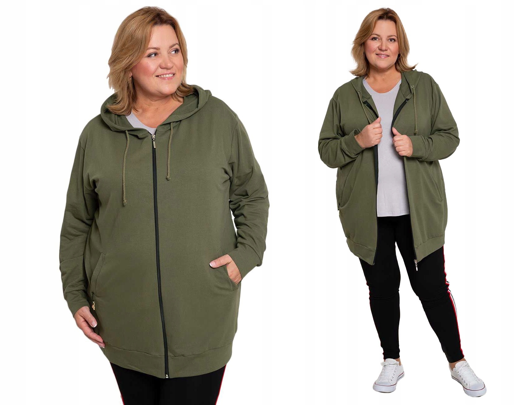 Olivová mikina s kapucí a kapsami 52/54