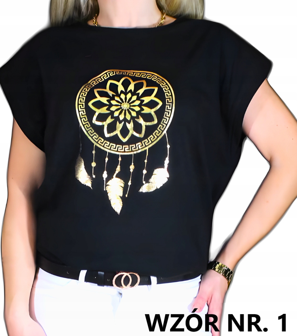 BLUZKA KOSZULKA T-SHIRT MODNY NADRUK ZŁOTY ŁAPACZ SNÓW PIÓRKO LIŚĆ 3XL 46 Marka inna
