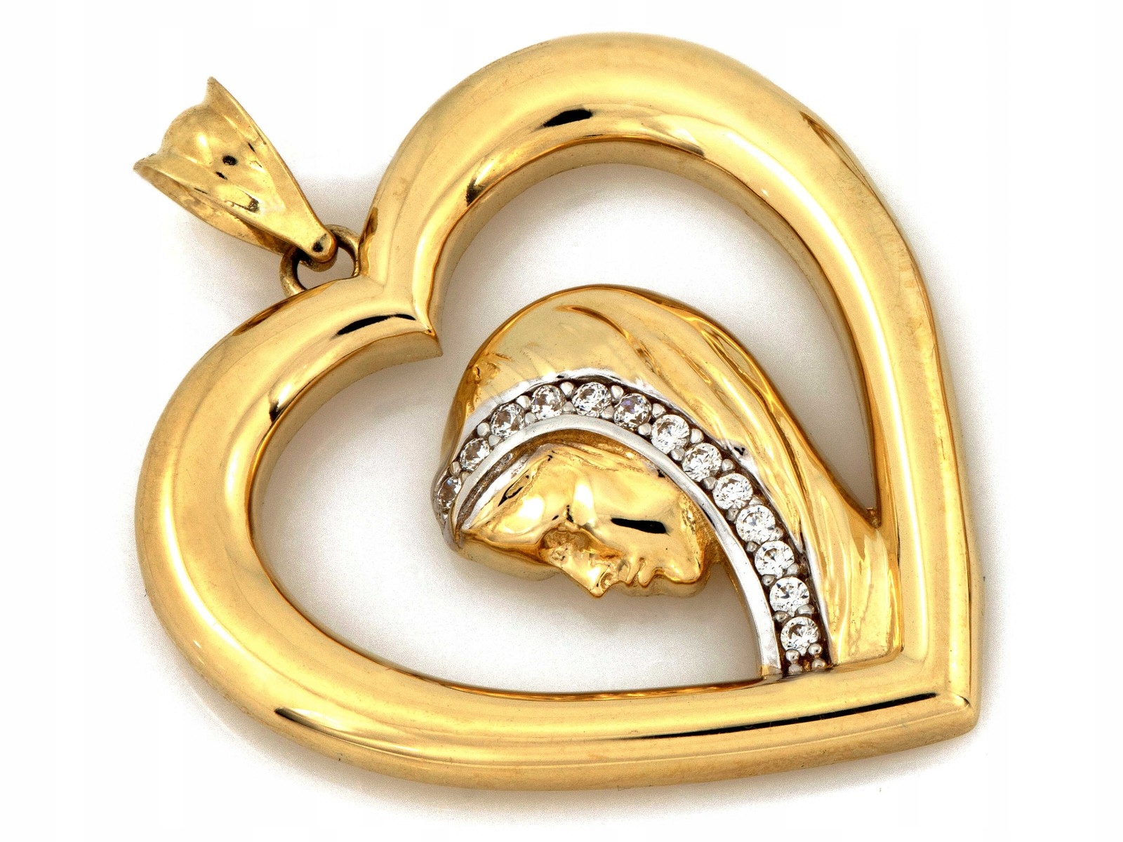 Zlatý přívěsek velký medailon srdce s Pannou Marií 585 s bílými zirkony