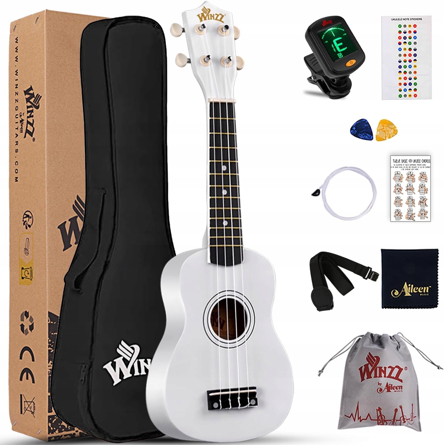 Winzz sopránové ukulele set pouzdro tuner struny pásek bílé