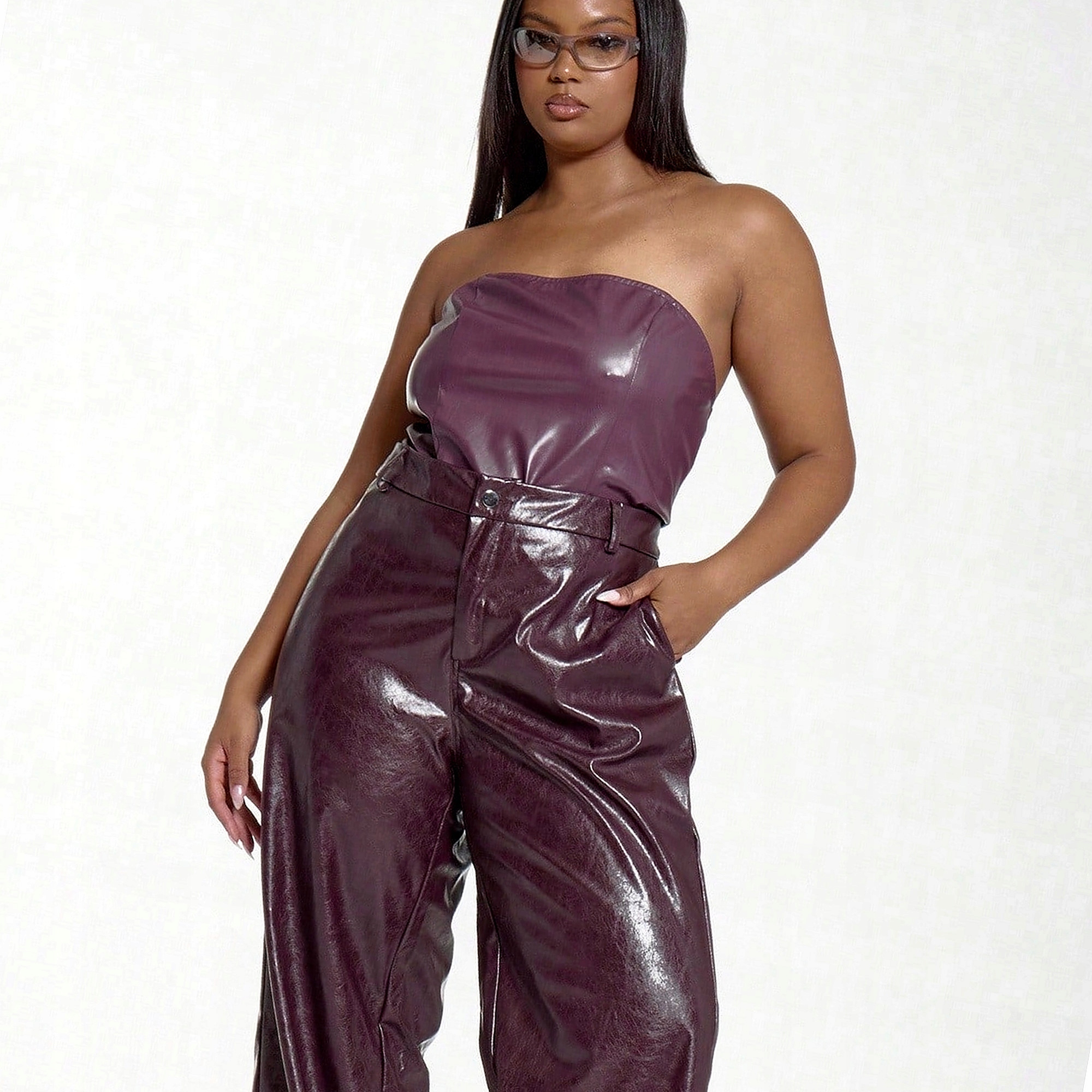 Dámské kalhoty Eko kůže Burgundské Wide Leg S Nízkým pasem XL 42