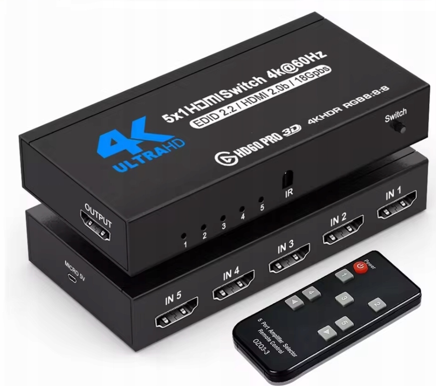 Switch Hdmi 2.0b 5x1 Přepínač 4K 60Hz HDR10 Dálkové ovládání napájecí adaptér
