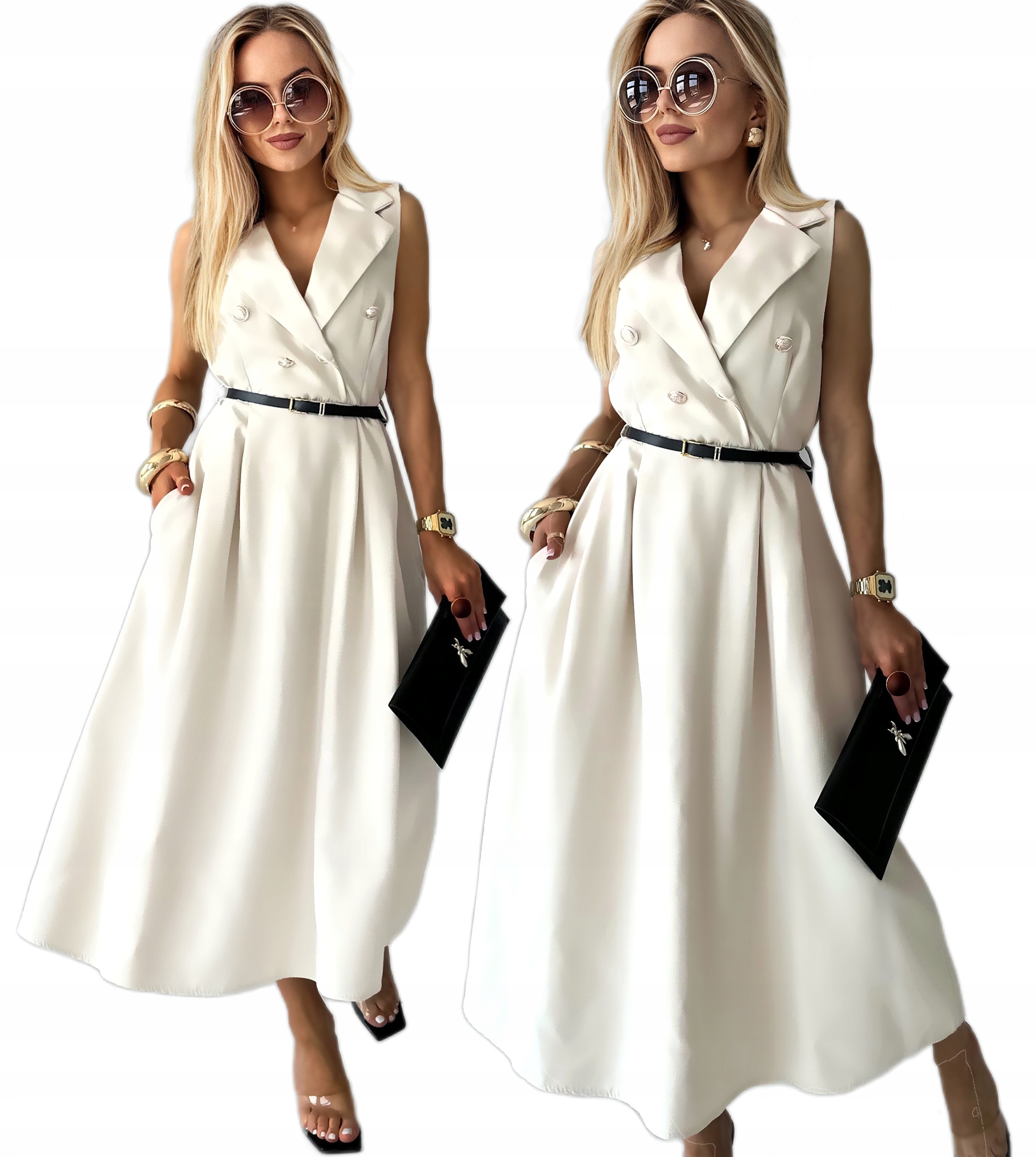 Sukienka Damska rozkloszowana szmizjerka kieszenie pasek Safira