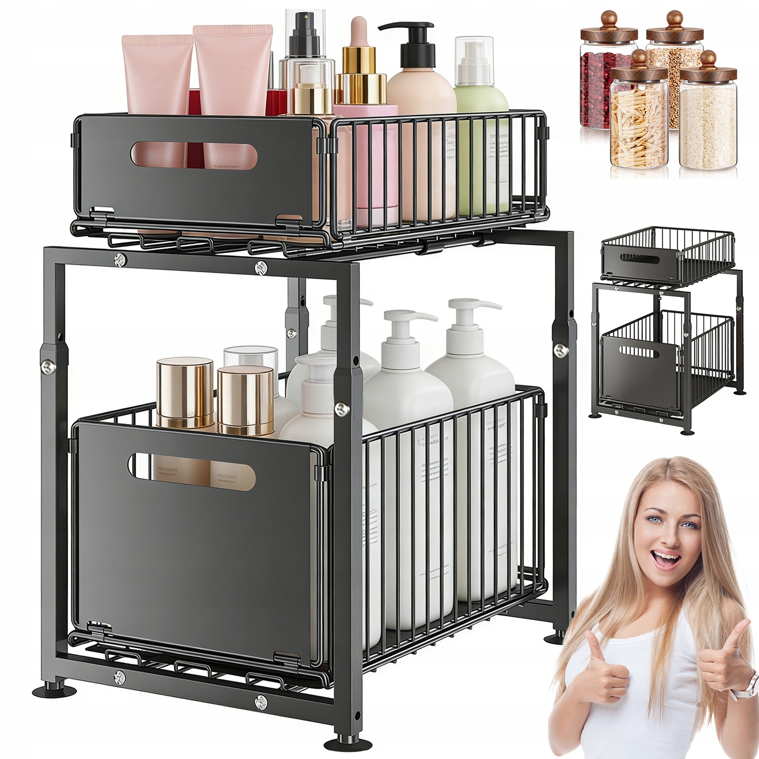 Organizér Pod Dřez 2-ÚROVŇOVÝ Výsuvný Černý Kuchyňský Regál Police Kov