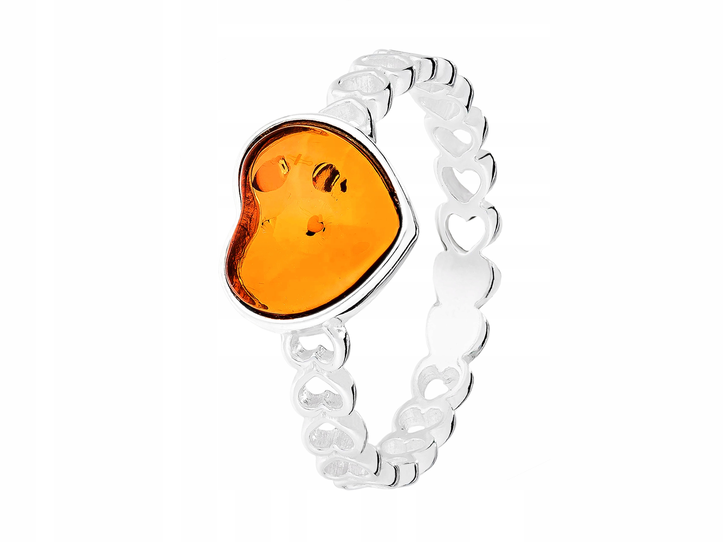 Srebrny Mały Pierścionek Serce Serduszko z Bursztynem Ażurowa Obrączka 14