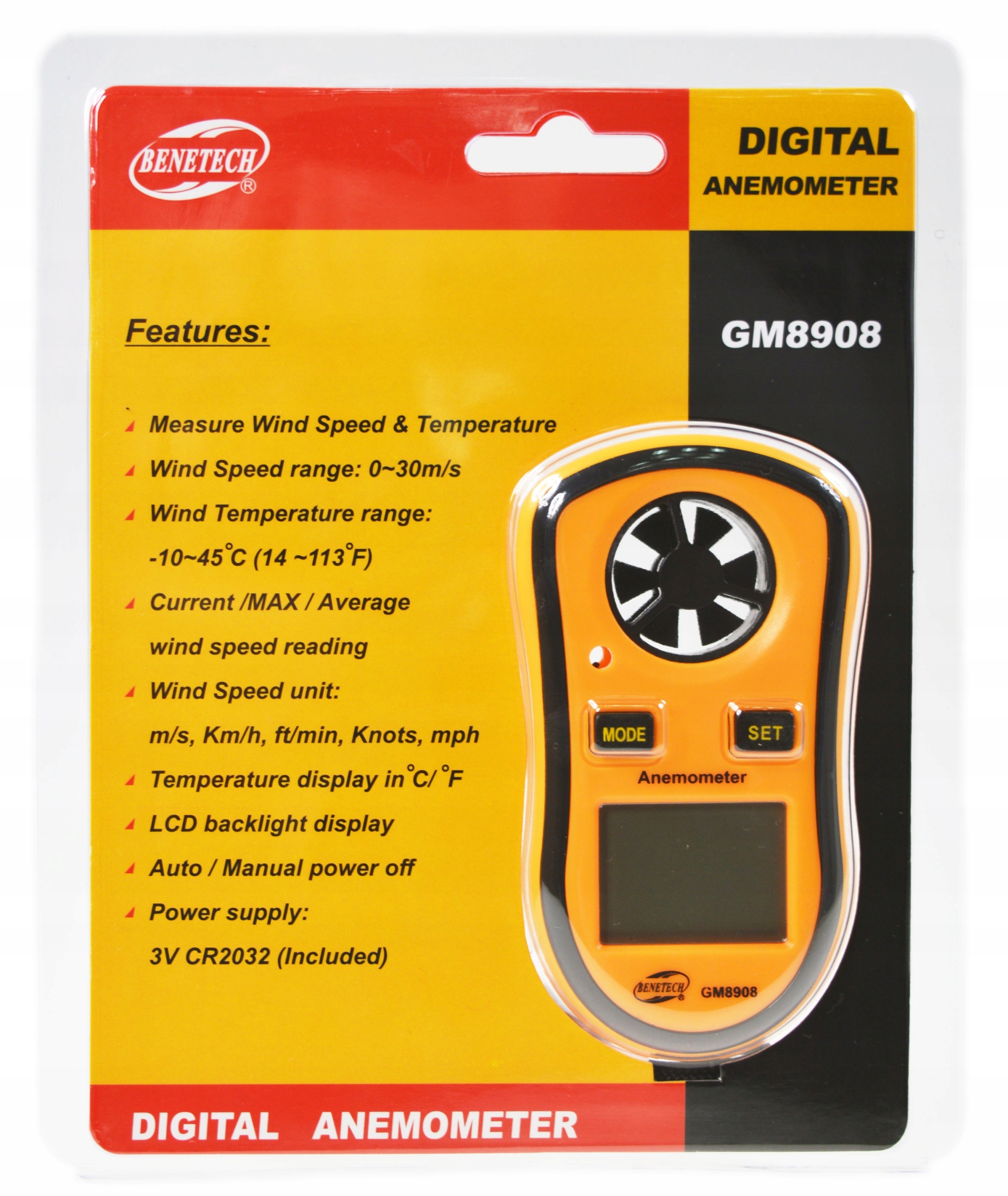 ANEMOMETR WIATROMIERZ POMIAR PRĘDKOŚCI POWIETRZA MIERNIK WIATRU TEMPERATURY Waga produktu z opakowaniem jednostkowym 0.11 kg