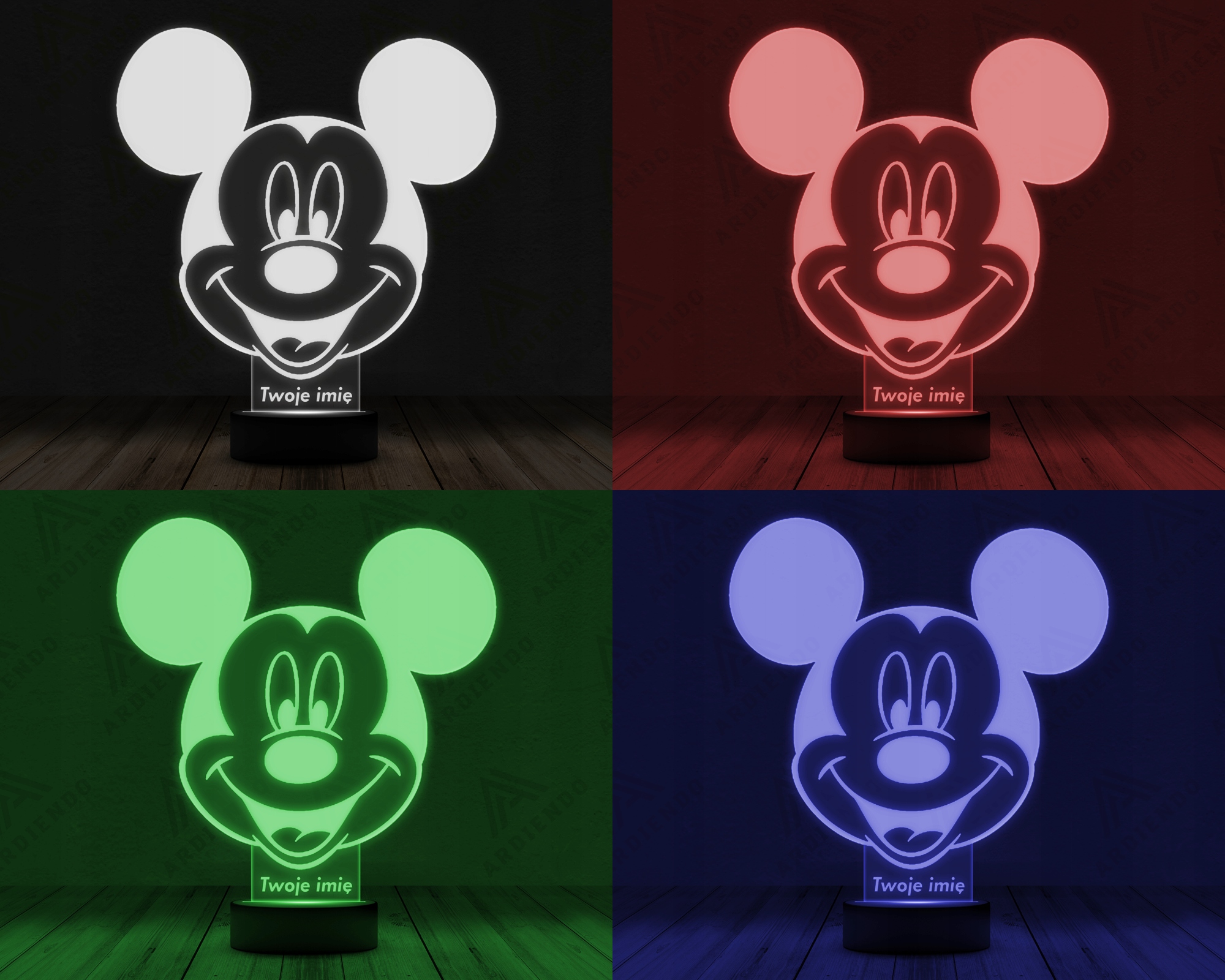 Lampka nocna 3D LED stojąca ozdobna Myszka Miki twój napis na prezent Kolor dominujący inny kolor