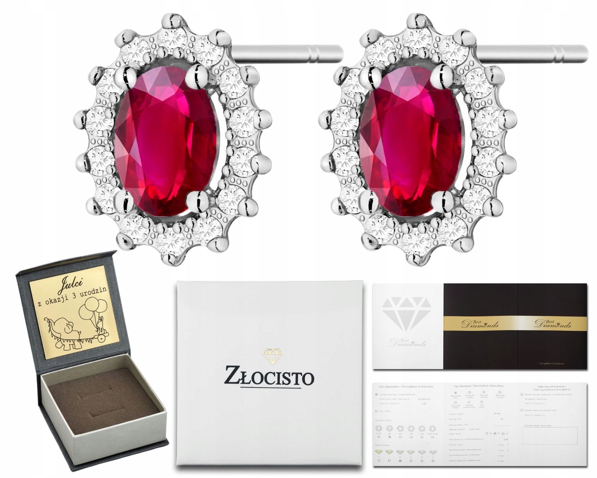 Bílé Zlato Náušnice Rubíny Brilianty Na Tyči Zlato 585 Jako Dárek