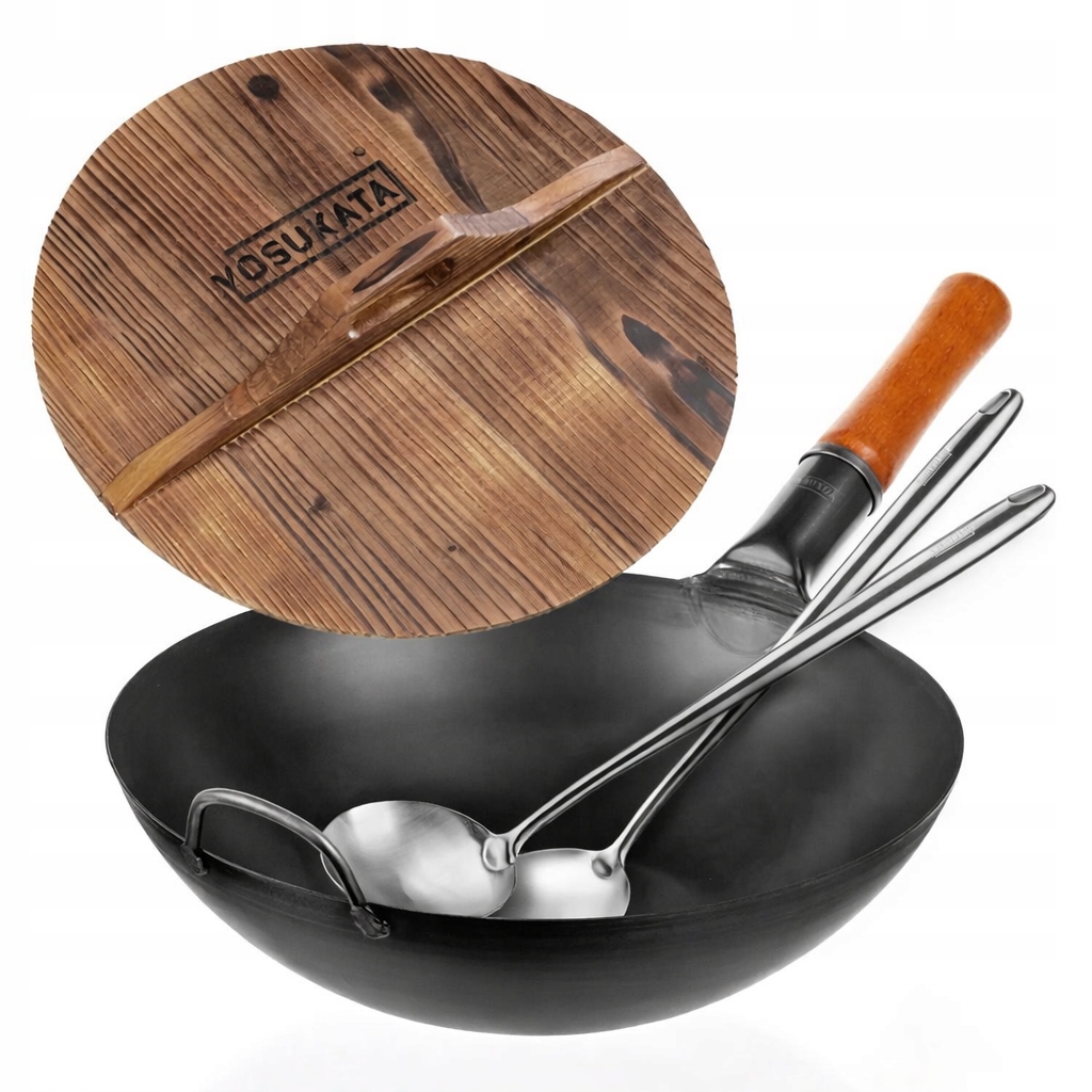 Yosukata Sada Wok 34 CM Uhlíková Oceľ Drevené Veko Lopatka Lyžica