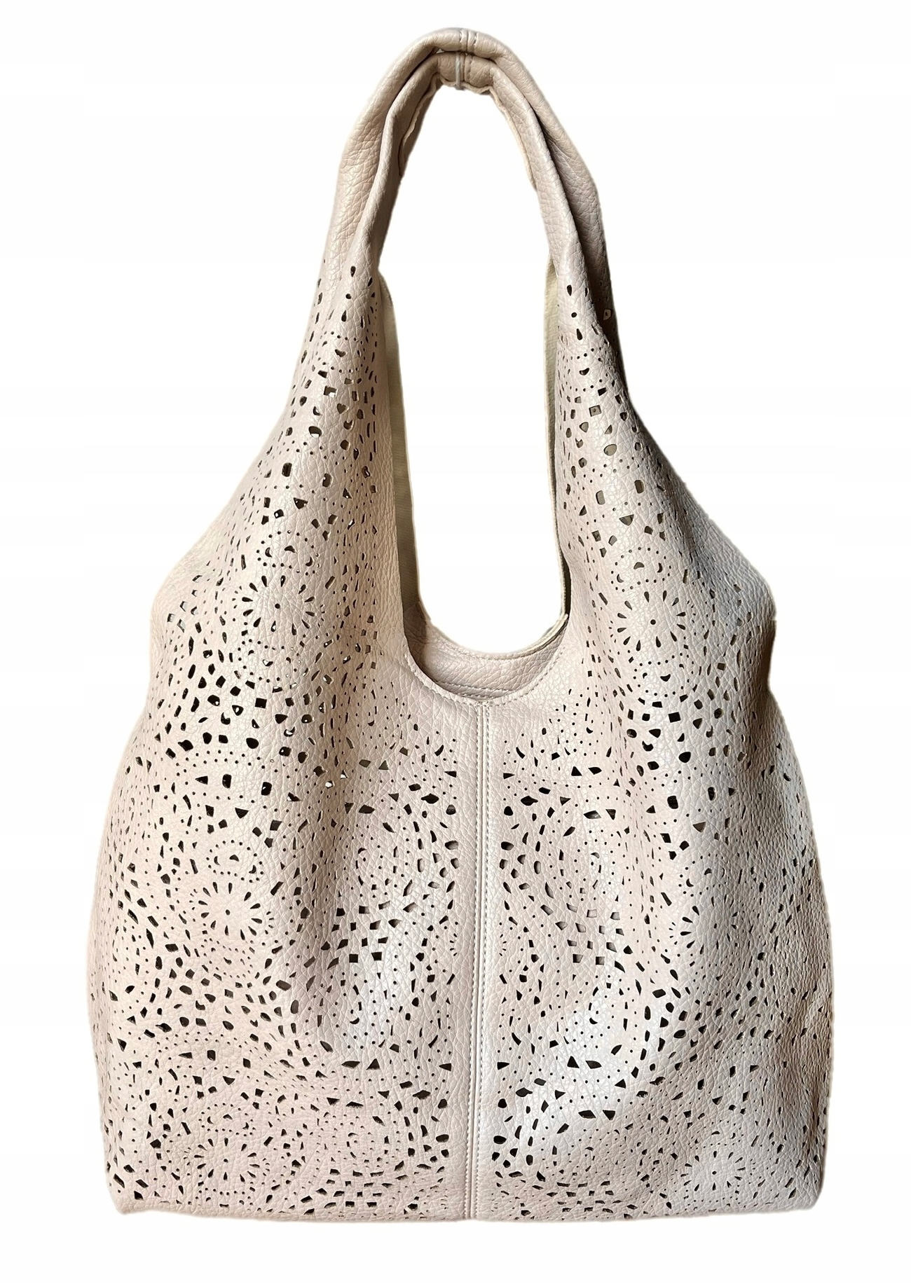 TAUPE AŻUROWA TOREBKA DAMSKA WOREK SHOPPER MODNA TORBA BEŻOWA Styl miejski