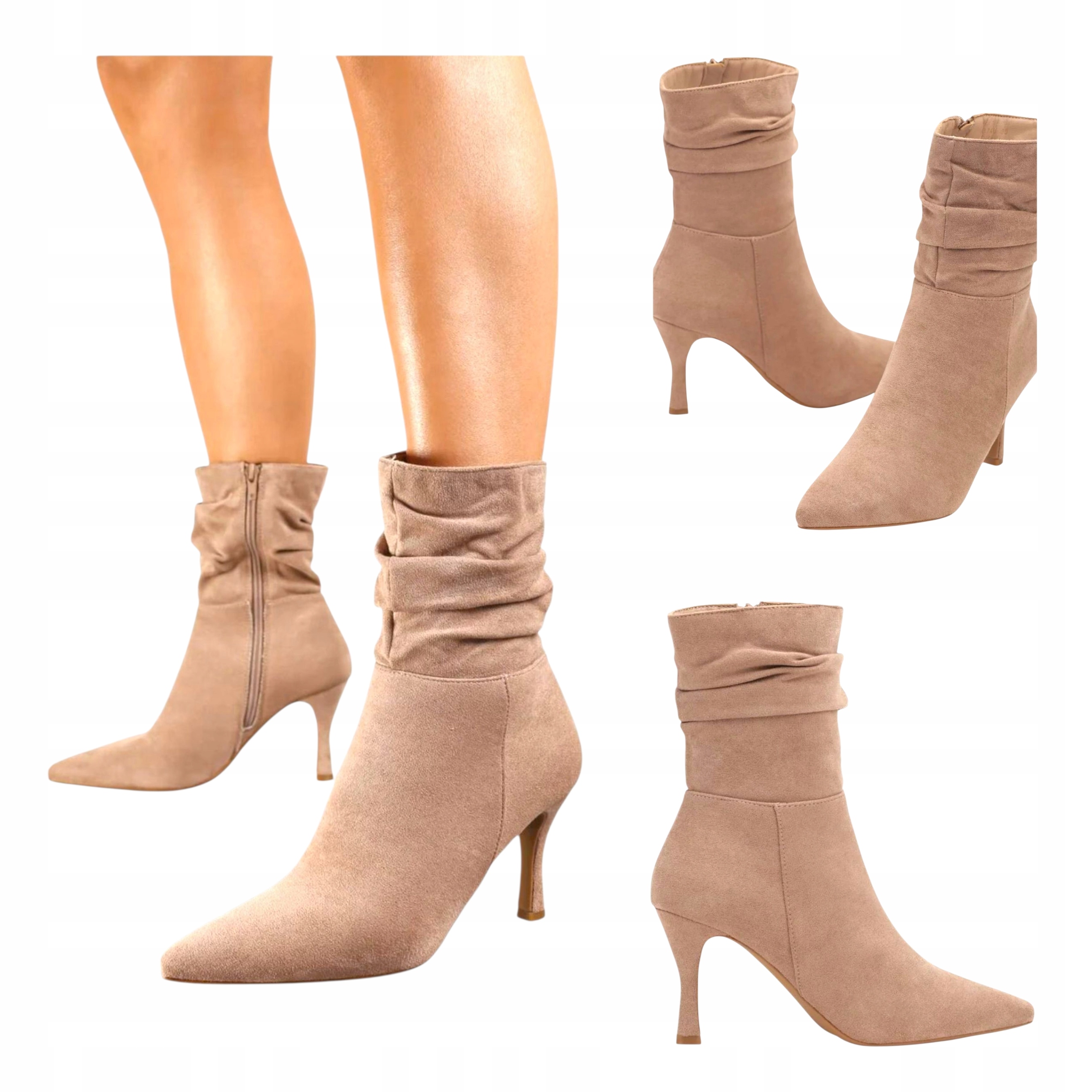 Dámské Kotníkové Boty na podpatku Kozačky vysoké kožené Semiš na zip Béžová velikost 39