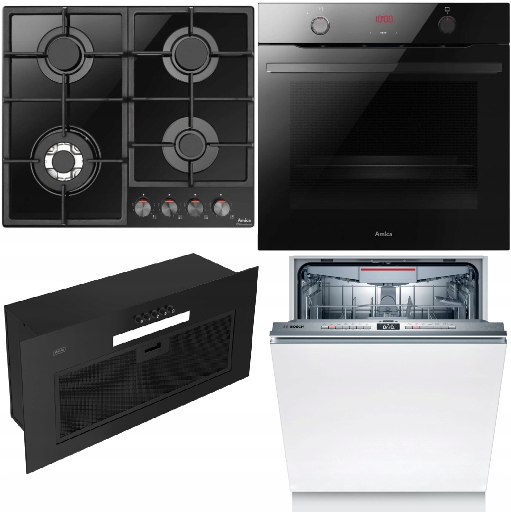 Zestaw do zabudowy Płyta gazowa Piekarnik Amica Okap Kernau Zmywarka Bosch