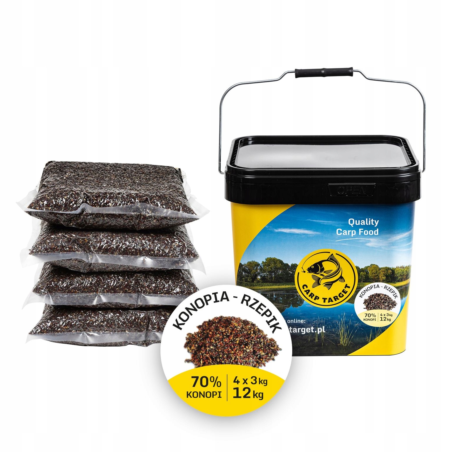 Konopí Řepík MIX zrn Návnada 12 kg (4x3 kg) Kbelík 17 L