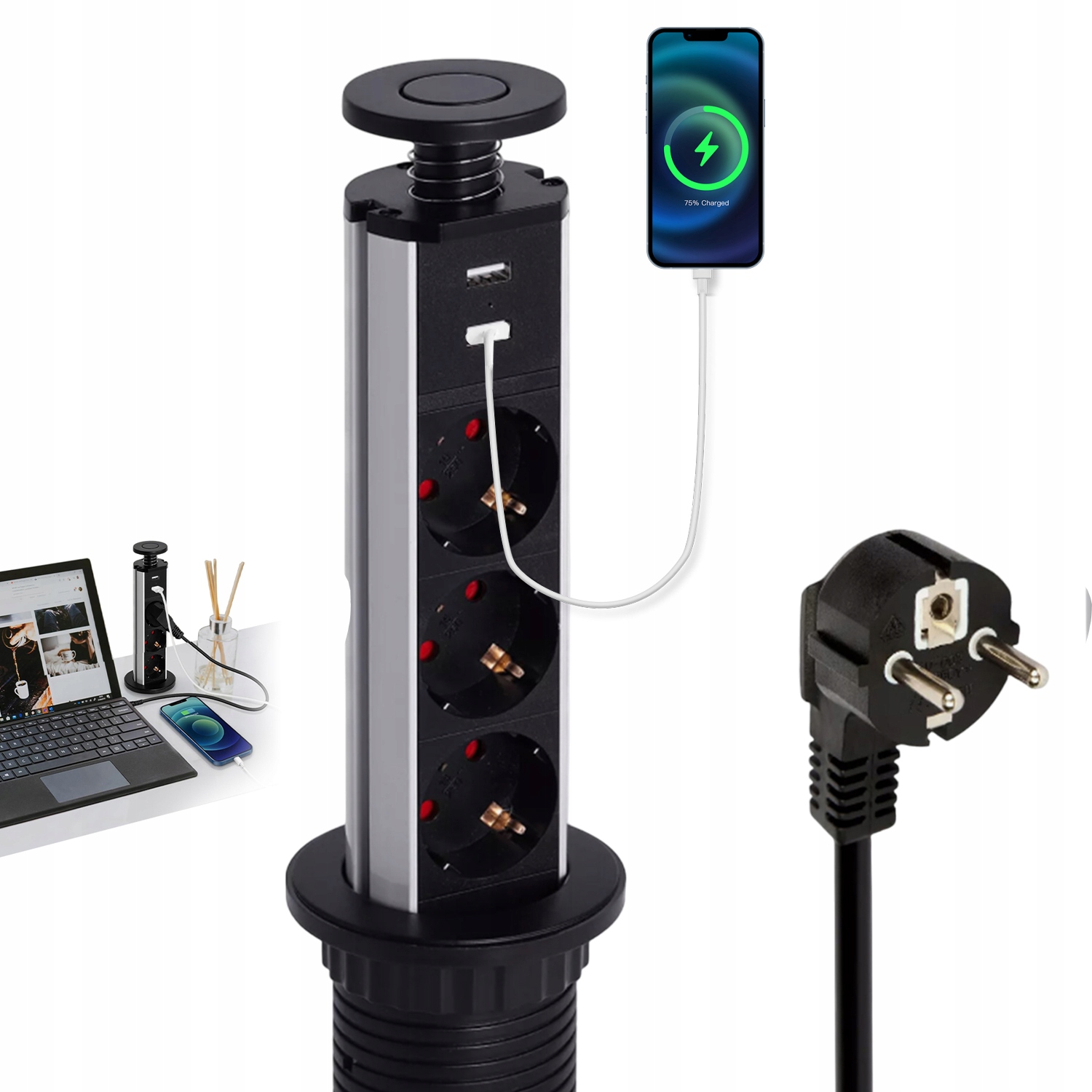 Zasouvací Napájecí Zásuvka 3 Zásuvky 2 Usb Do Pracovní Desky, Černá