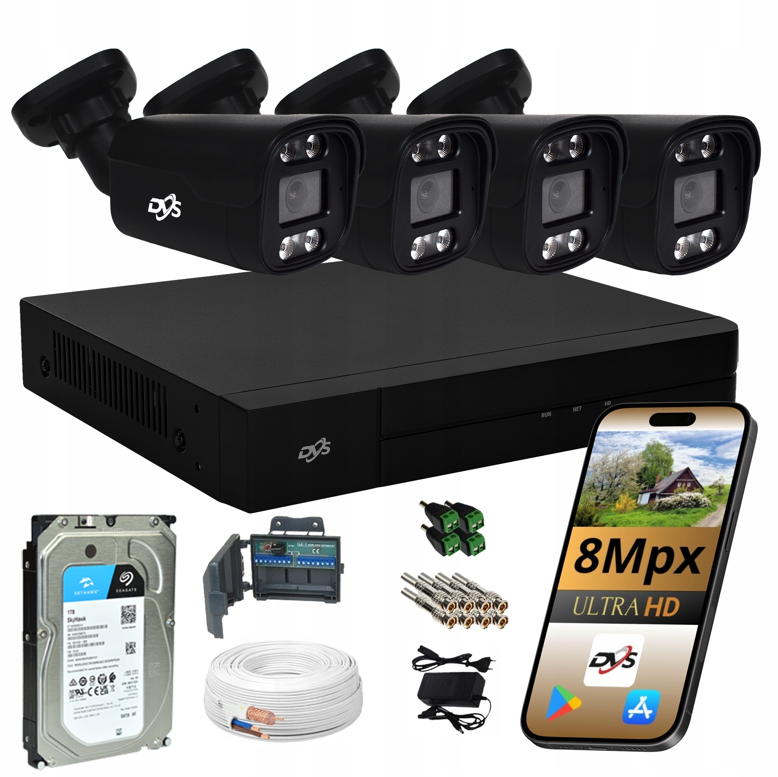 Sada 4 Kamer Monitorovací Venkovní Kamera Analog Disk 1TB 8Mpx Černá Dvs