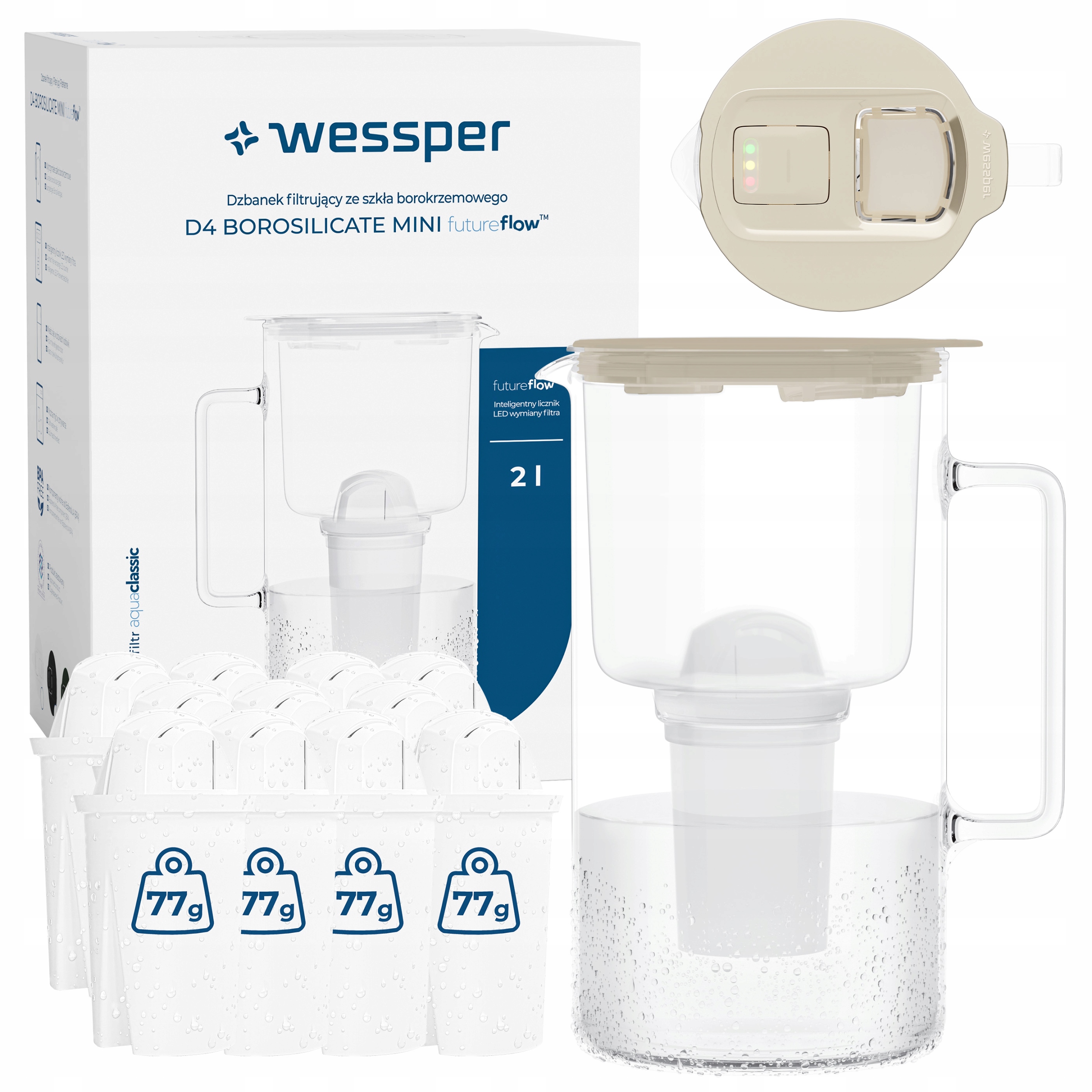 Szklany dzbanek filtrujący Wessper D4 Borosilicate Mini 2l 12x filtr