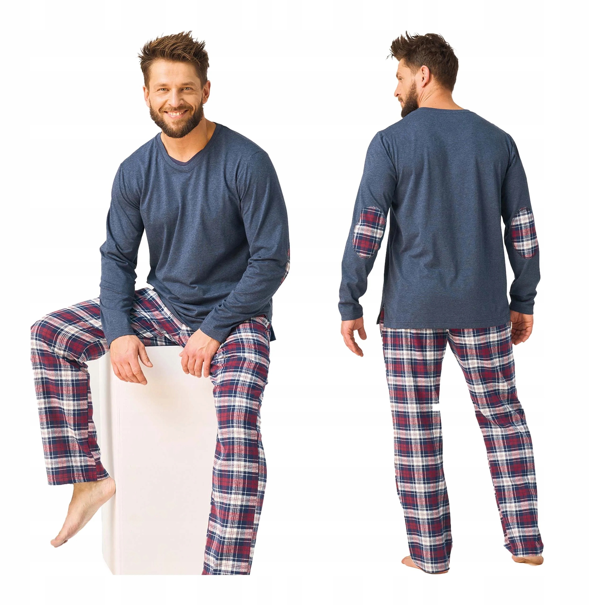 Pánské bavlněné pyžamo 100% s dlouhým rukávem, dlouhé kalhoty, flanelová tkanina 4XL