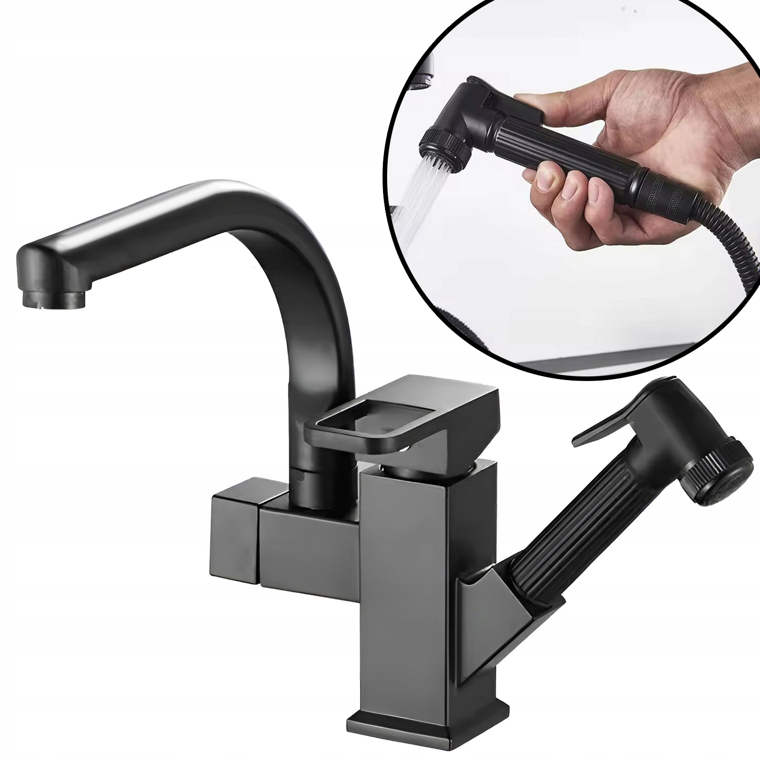 Bateria Kuchenna Stojąca Obrotowa Wyciągana Wylewka 110CM Kran Czarny Mat