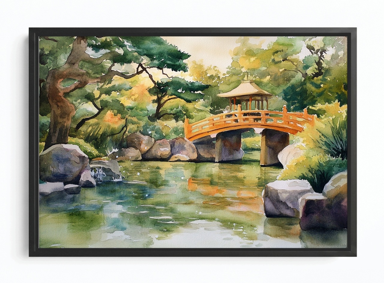 Obraz Rama American Box Krajina Park Zahrada Japonsko Most Asie Akvarel 60x40