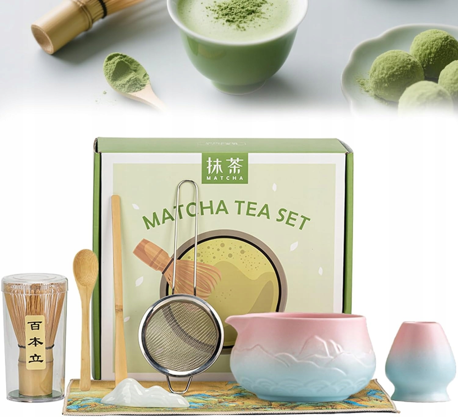 Levně Sada Pro Matchu 8 Dílů Keramický Bambus Čajový Obřad Metla Chasen