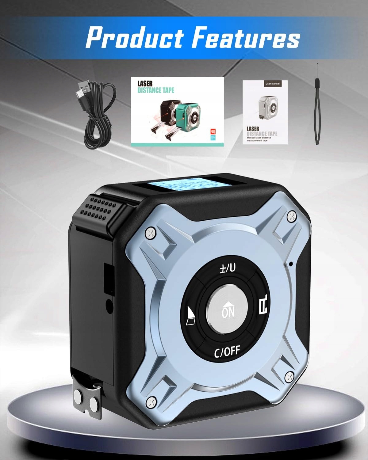 LASER 2W1 Dalmierz 40m Miarka 5m USB-C Wyświetlacz HD Pomiar Dom — miniatura 7