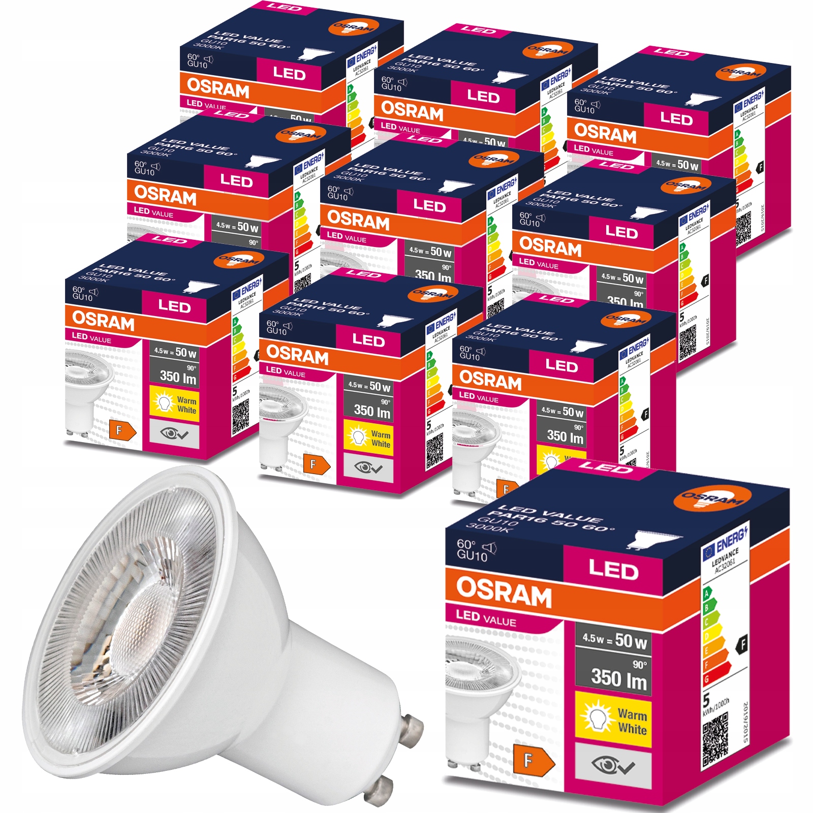 

10x Żarówka Led GU10 4,5W 50W 350lm 3000K Osram