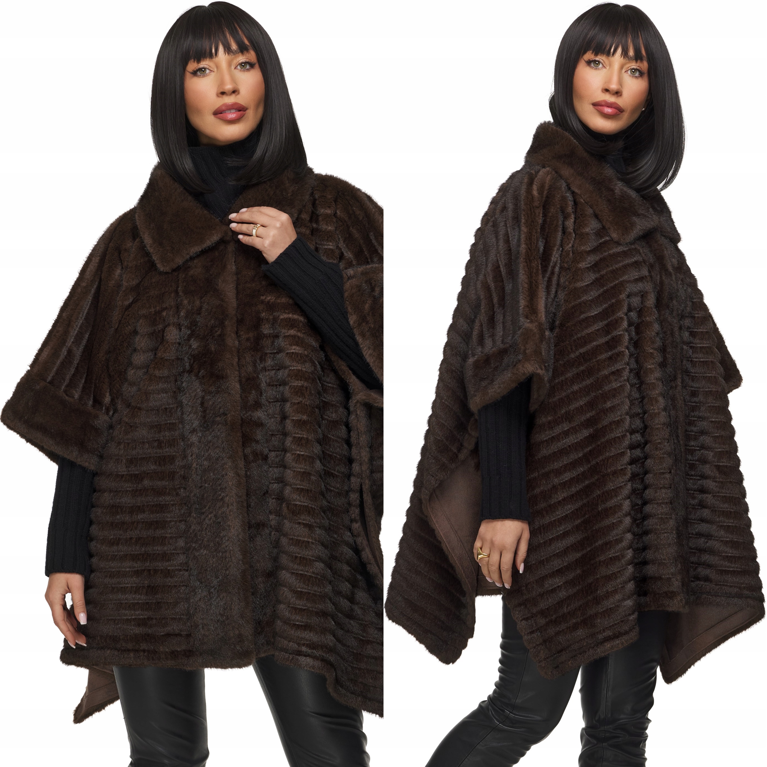 Dámské zimní pončo kabát s kožešina bunda pláštěnka přehoz čokoládové