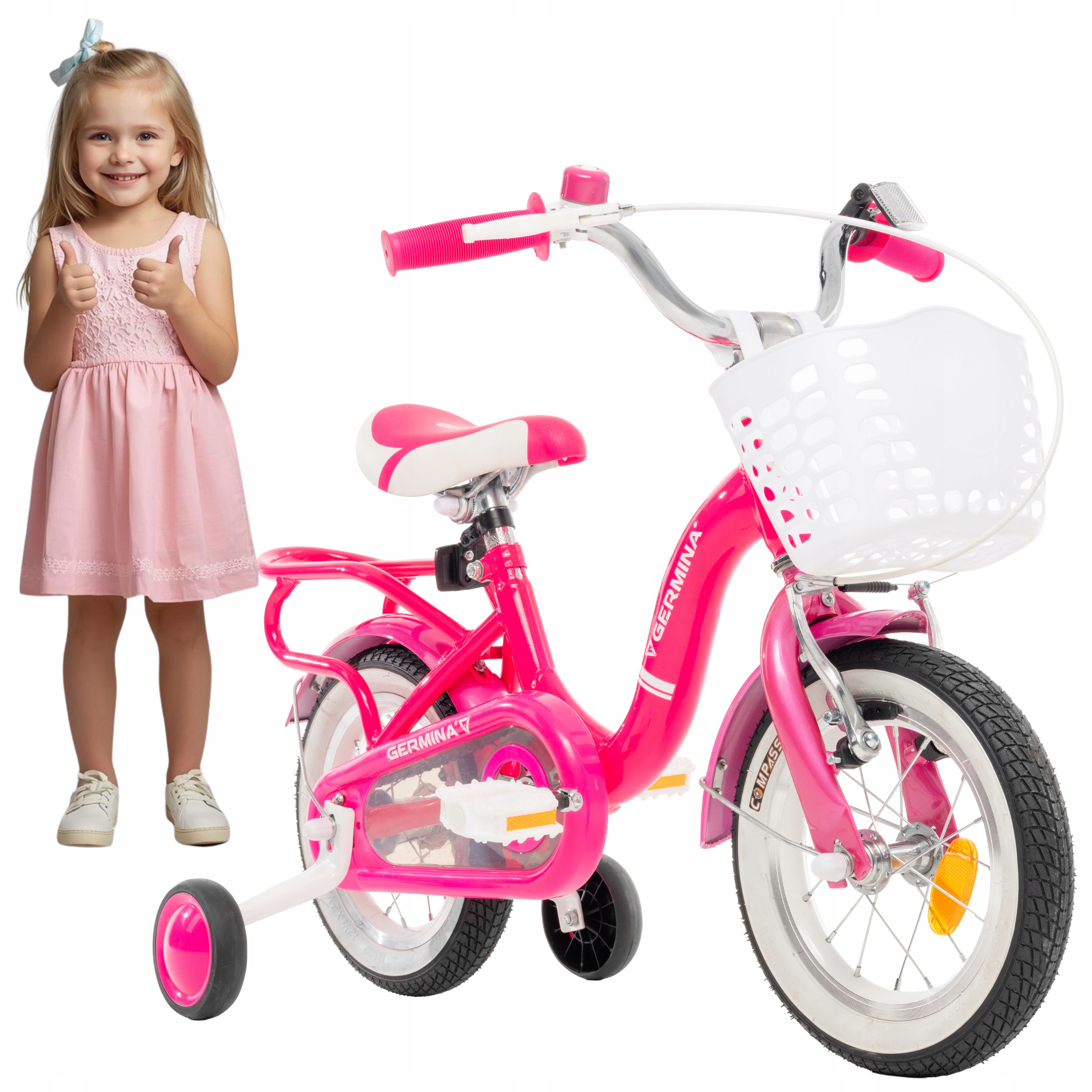 Rowerek dziecięcy 12 cali dla dziewczynki różowy z kółkami bocznymi +koszyk