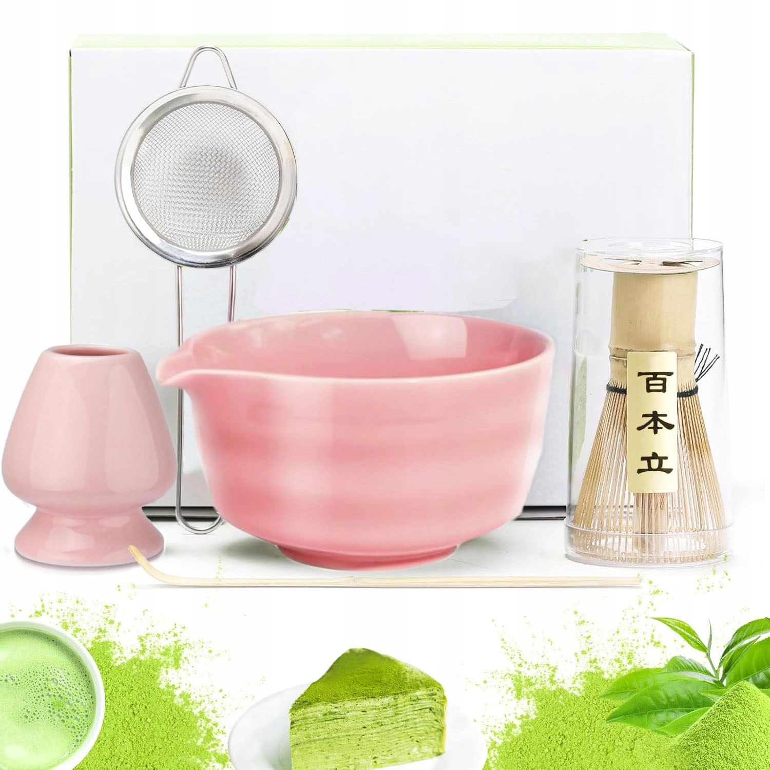 Růžová sada na vaření Matchy Keramická miska Bambusová metlička Filtr