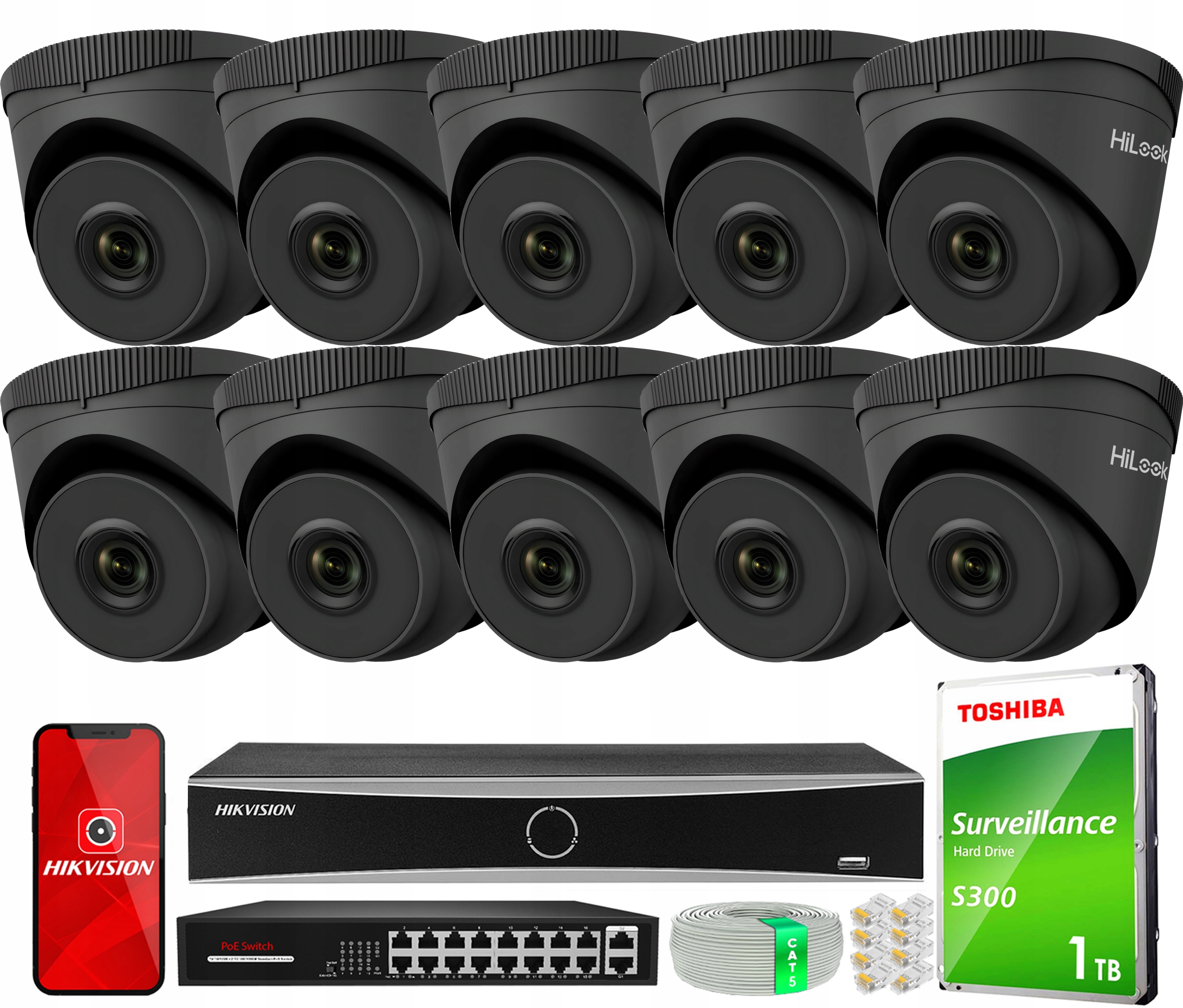 Monitorovací sada 10 kamer 5MPx IPCAM-T5 Black 3K Aplikace HiLook PoE