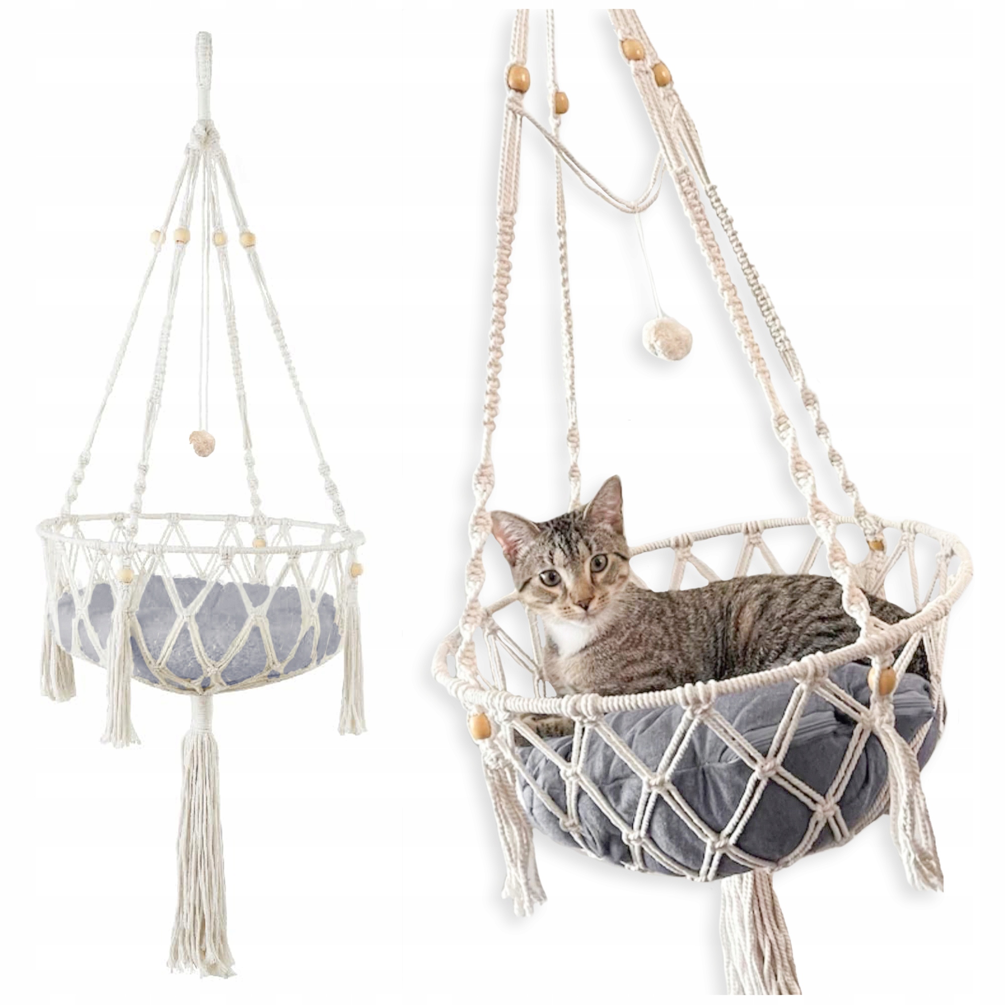 Levně Závěsná Houpací Síť Pod Strop Pelíšek Pro Kočky Boho Makramé 40 x 40 cm Polštář