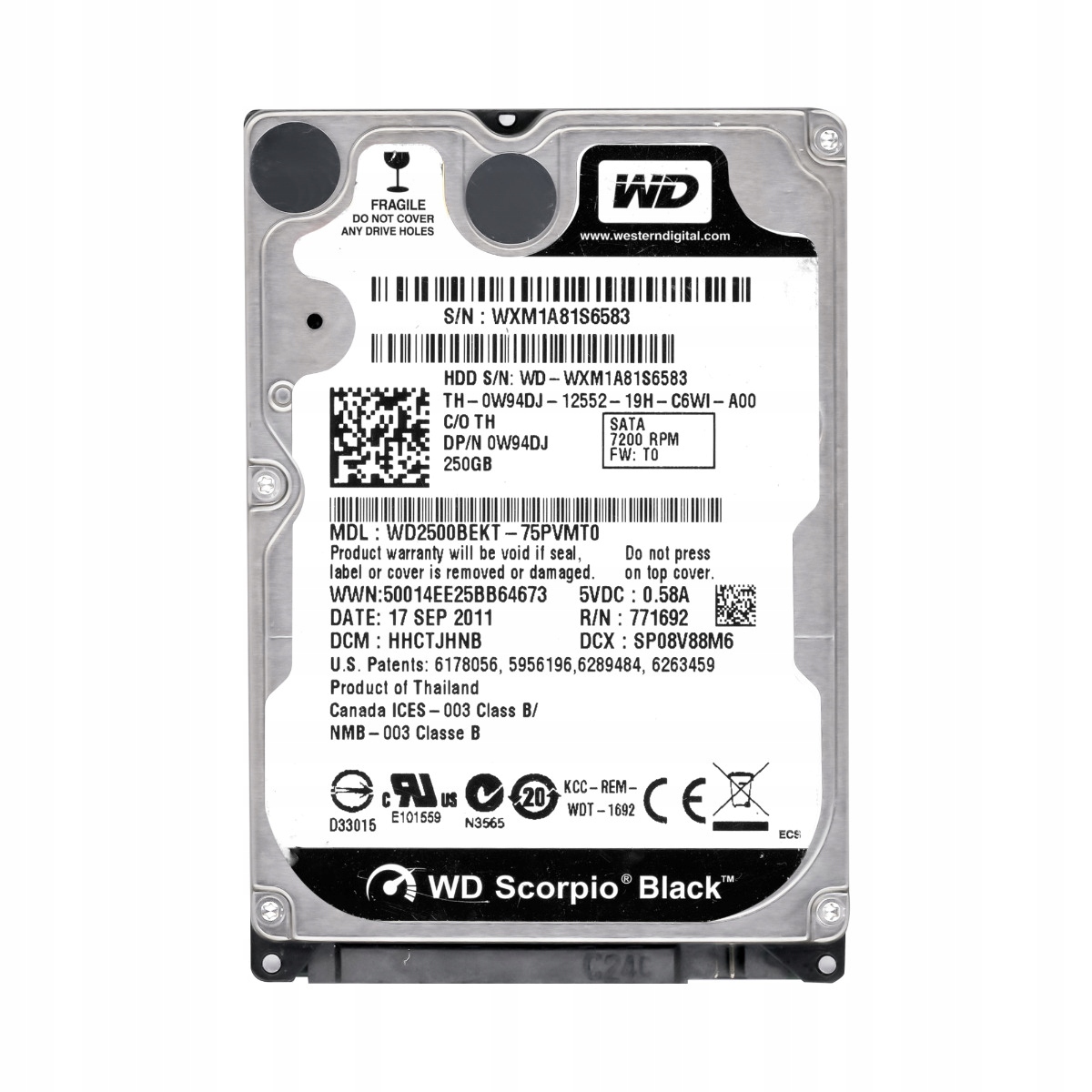 Dell 0W94DJ 250GB 7.2K 16MB Sata II 2.5" WD2500BEKT