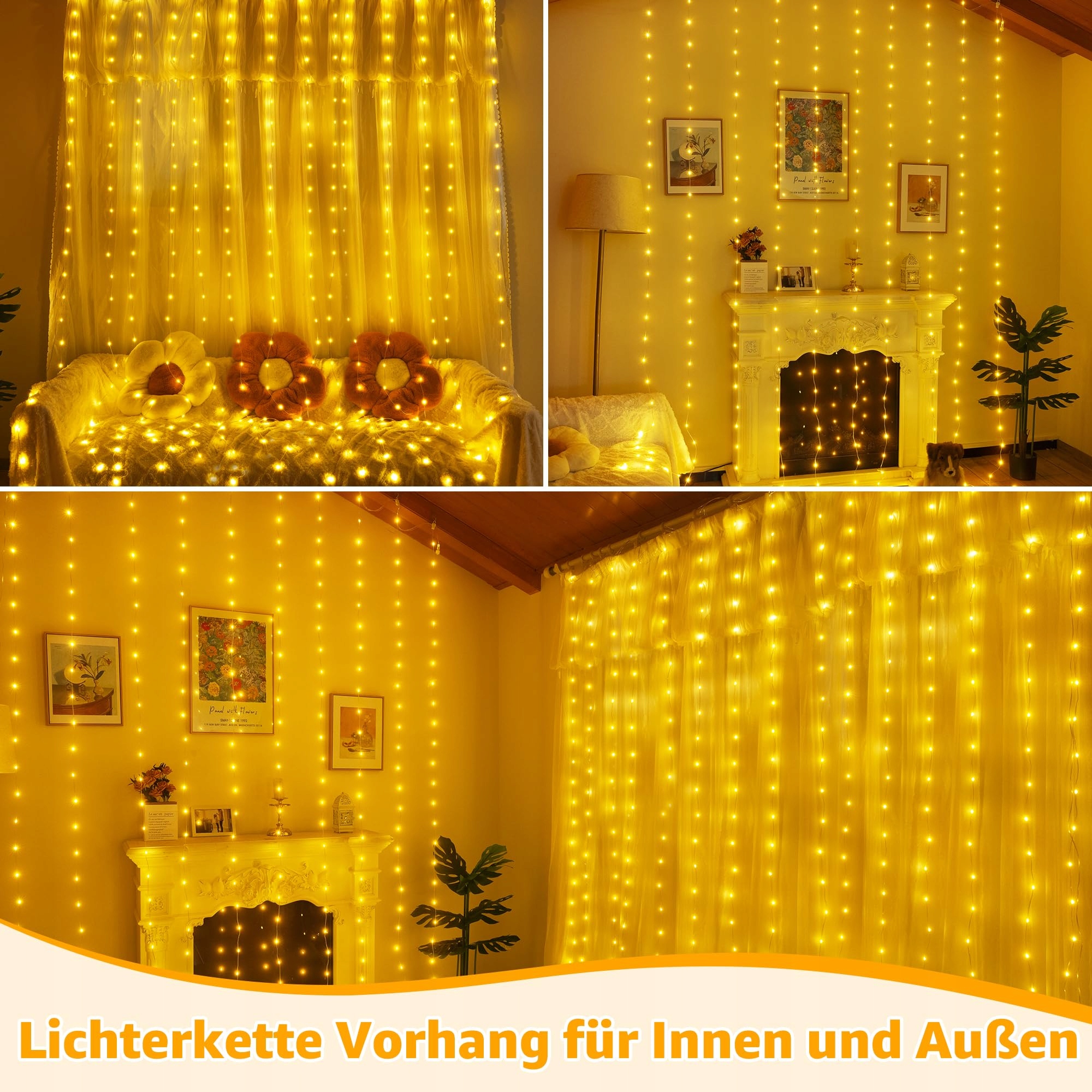 OLLNY Zasłona Girlanda Kurtyna Świetlna Lampki Dekoracyjne 3x3m 300 LED — miniatura 6