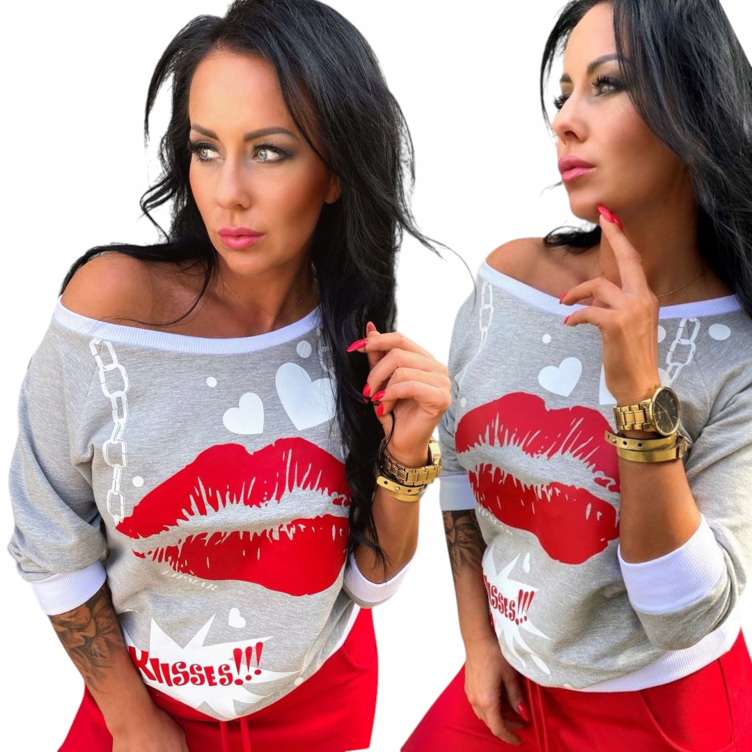 Bluza damska luźna oversize sportowa młodzieżowa nadruk czerwone usta 42 XL