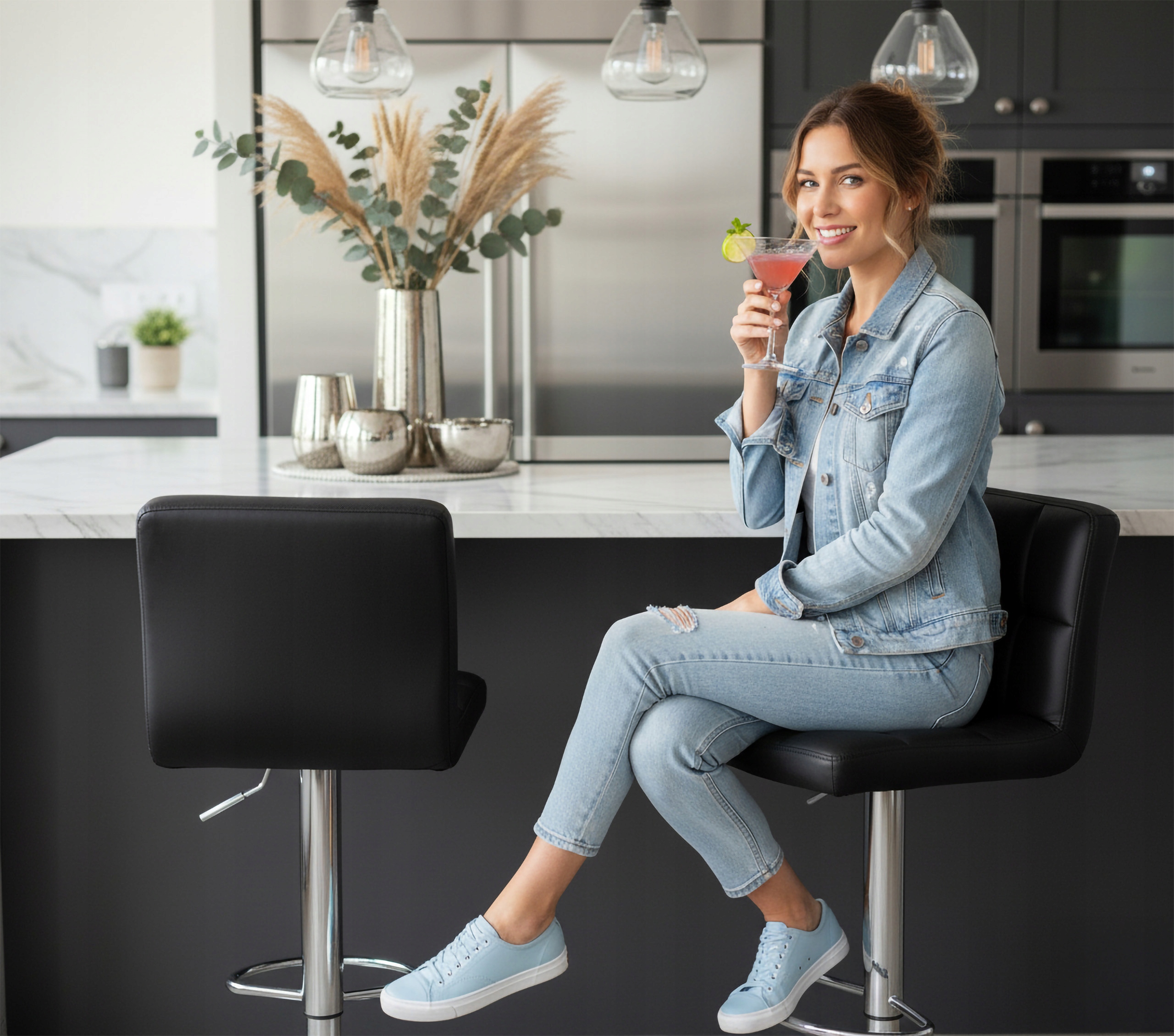 Barová Židle Barová Židle Stolička Do Kuchyně Otočná Regulace Černá