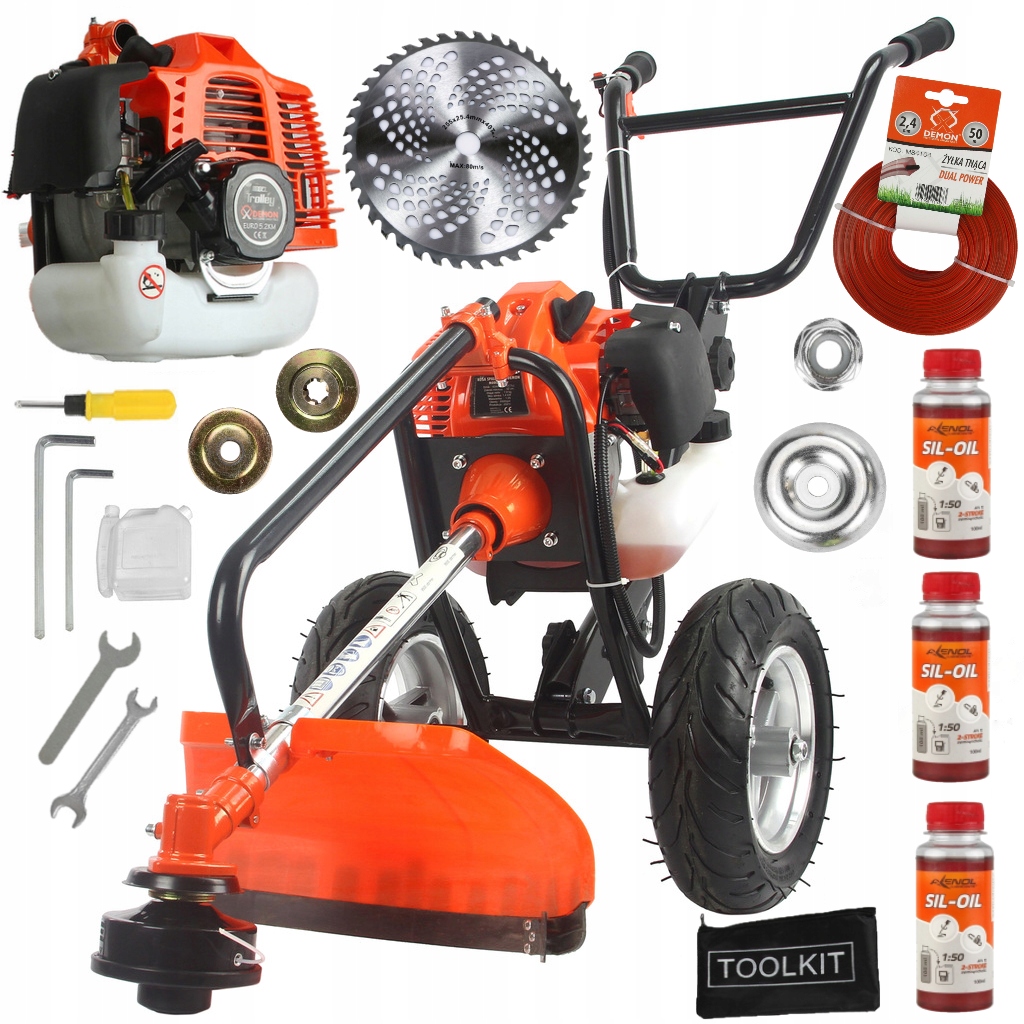 KOSA SPALINOWA PODKASZARKA NA KOŁACH KÓŁKACH 5,2KM + OLEJ + ŻYŁKA 50M