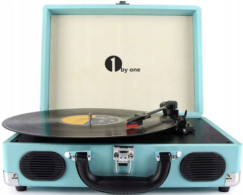 Retro kufříkový gramofon, bluetooth reproduktory, 3 rychlosti, modrý