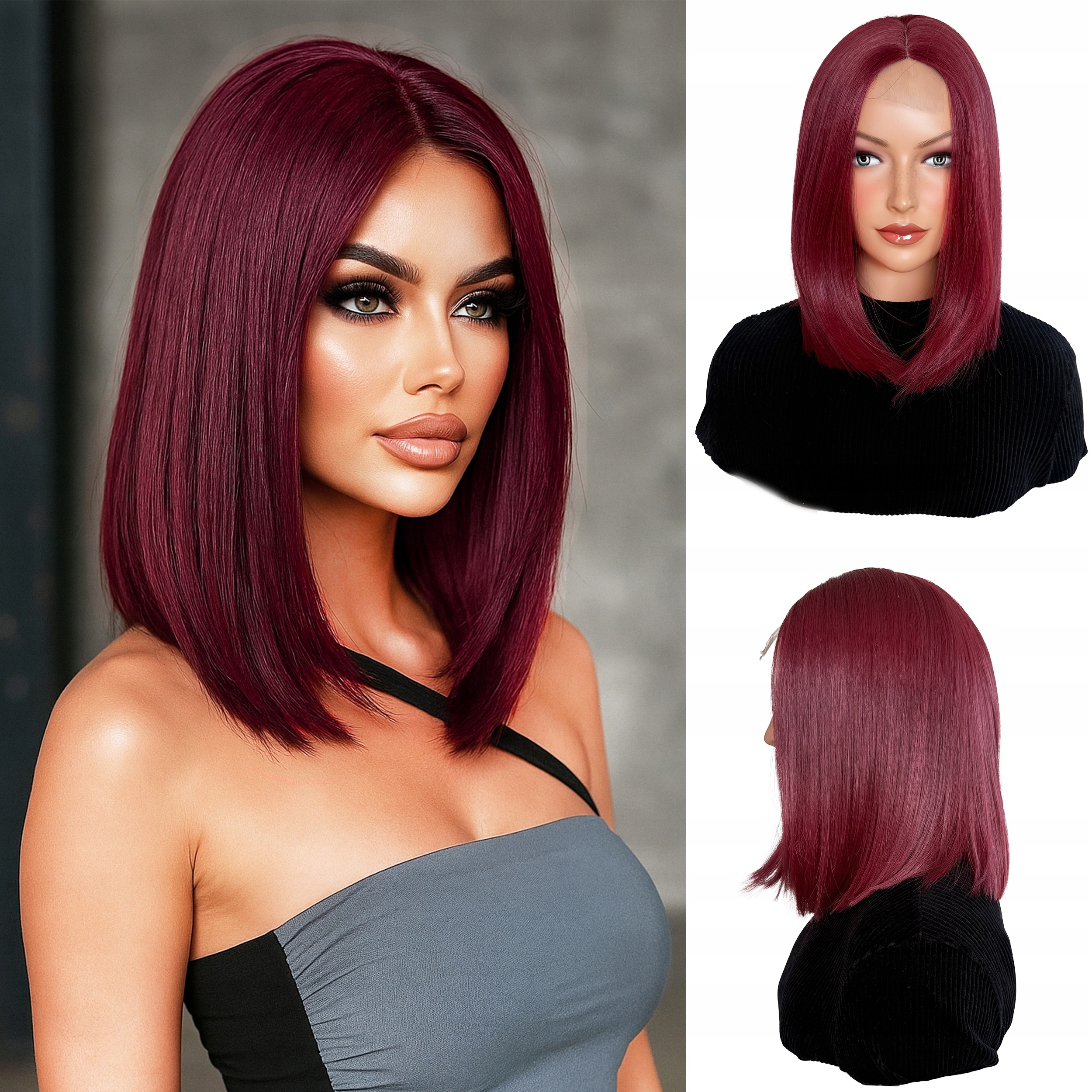 Peruka Syntetyczna Włosy Sztuczne Bob Burgund Gładki Krótka Fryzura 35cm