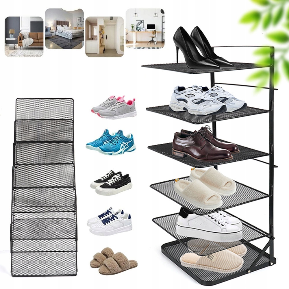 Vertikální kovový organizér, černý, 6 úrovní na boty a knihy do obývacího pokoje