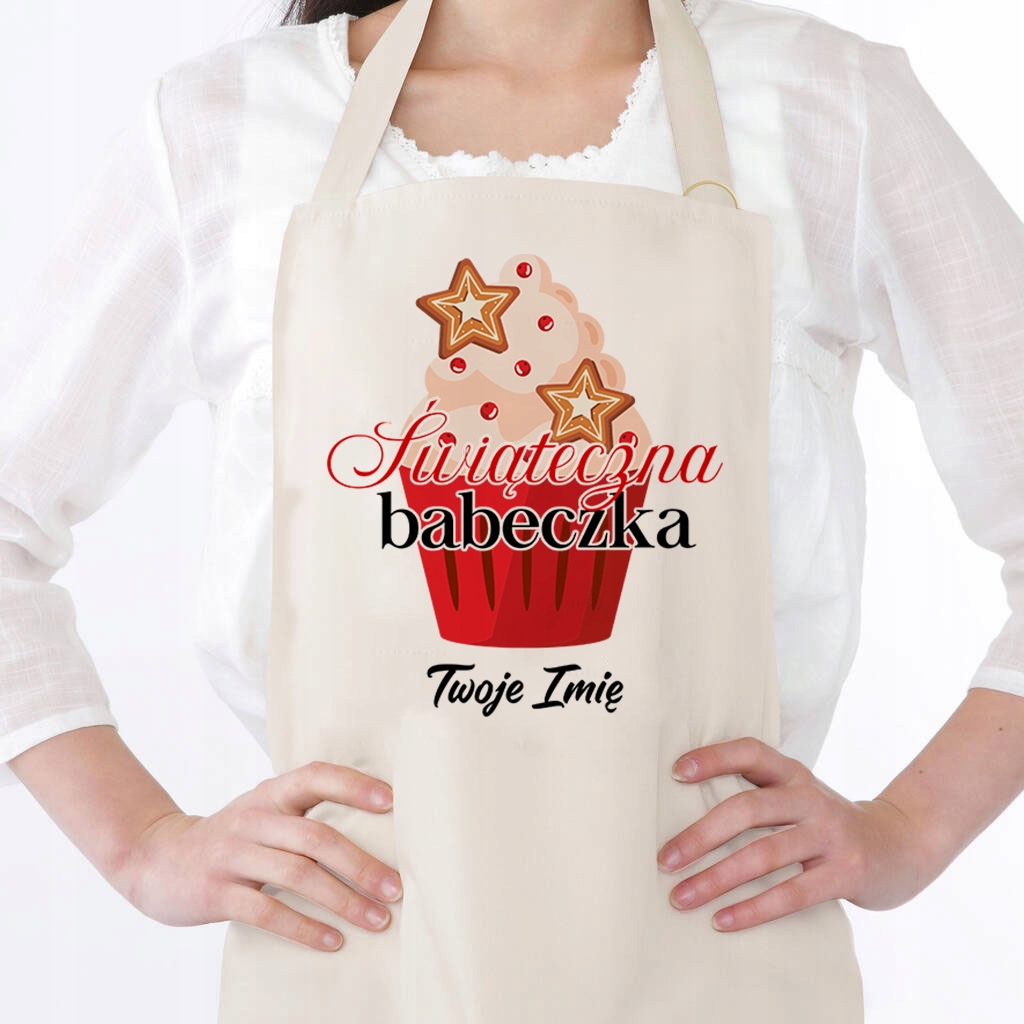 Kuchyňská zástěra Béžová Dárek k Vánocům Vánoční bábovka Vaše jméno
