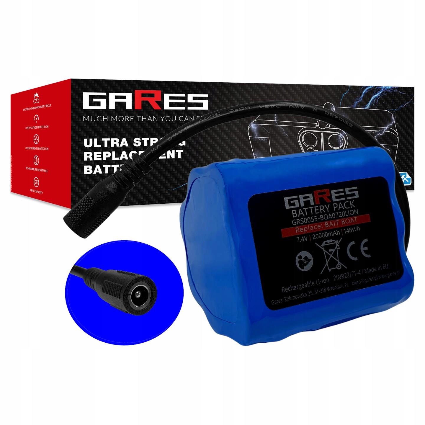 Akumulátor Gares 7,4V 20Ah, 21700, pro nástražný člun